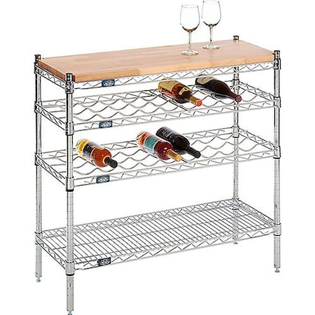 Nexel Chrome Wine Display Unit, Wood Top, 36W x 14D x 34H, 4 Tier W14363WS2
